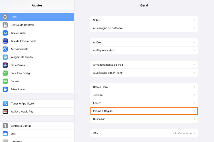 'Idioma e região' em dispositivos iOS