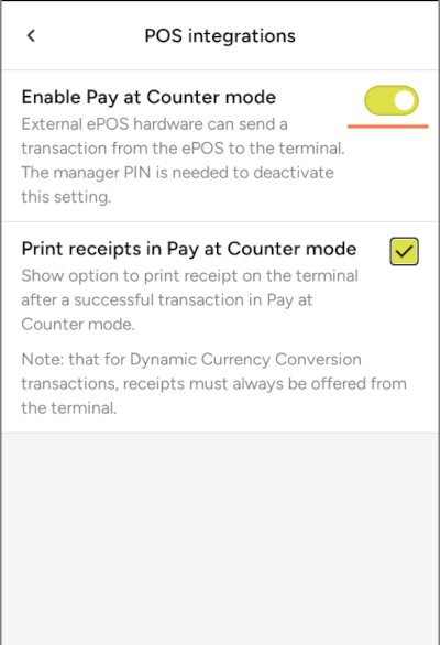 the toggle “Enable Pay at Counter mode