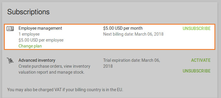 information about subscription for Employee management