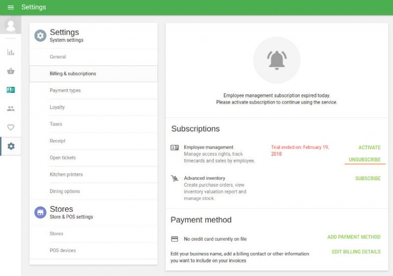 ‘Unsubscribe’ button at the Employee management Billing