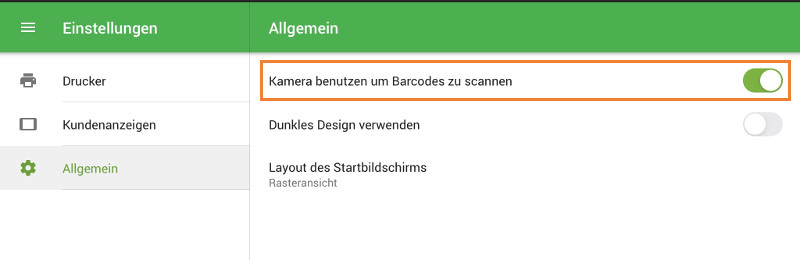 Als erstes müssen Sie die Option "Kamera benutzen um Barcodes zu scannen" in der GS PoS App unter den Allgemeine Einstellungen aktivieren.