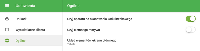opcia „Użyj aparatu do skanowania kodów kreskowych” w aplikacji GS POS w Ustawieniach ogólnych.