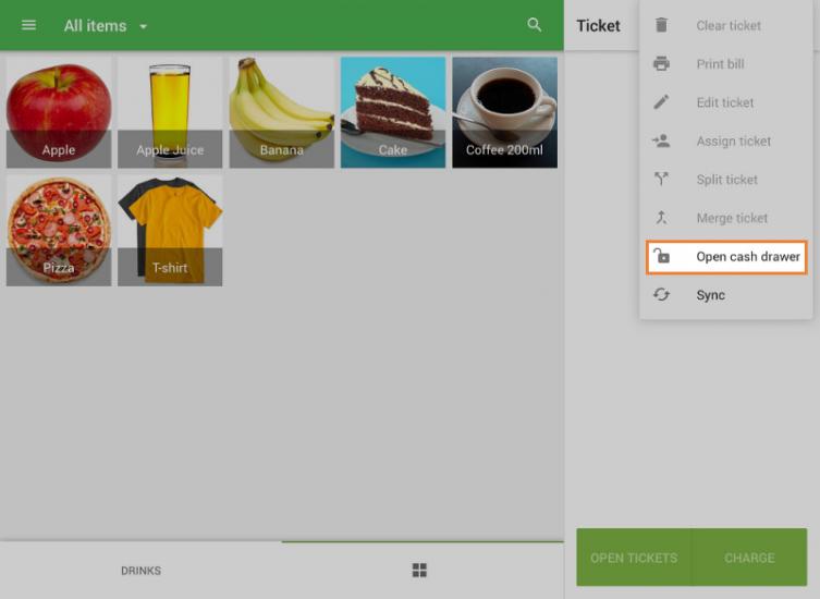 ‘Open cash drawer’ button in the three vertical dots menu