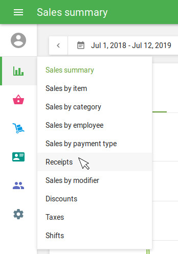 the ‘Receipts’ section in the ‘Reports’ menu.Reset, delete,test sales