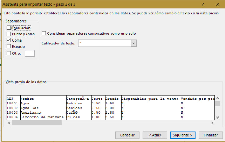 seleccione “coma” como separador y haga clic en “Siguiente”