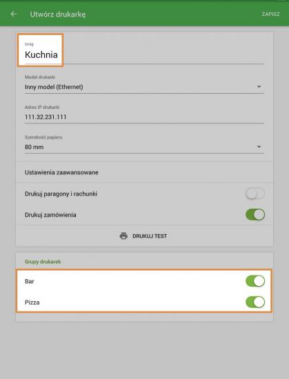 W aplikacji GS POS przypisz każdą drukarkę do obu grup drukarek.