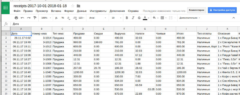 файл, открытый в Google Таблицах