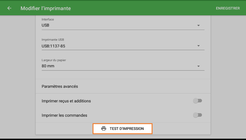 «Imprimer» bouton pour tester la connexion de votre imprimante grâce à l’application de la GS POS.