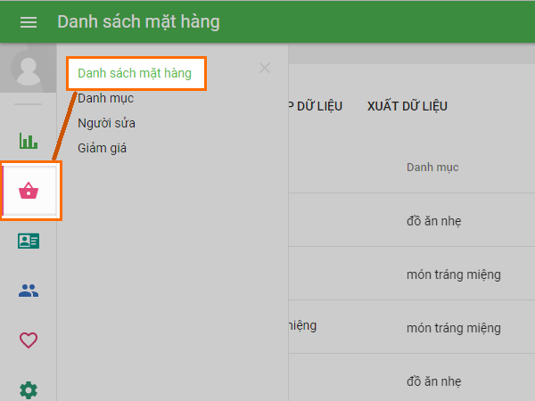'Item list' menu