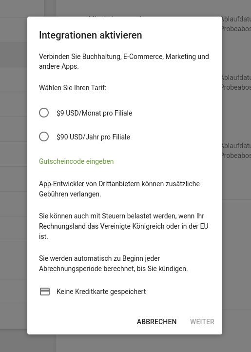 Abonnement für die Integrationen