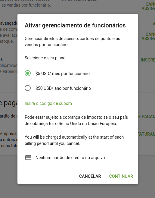 Inscrição para gerenciamento de funcionários