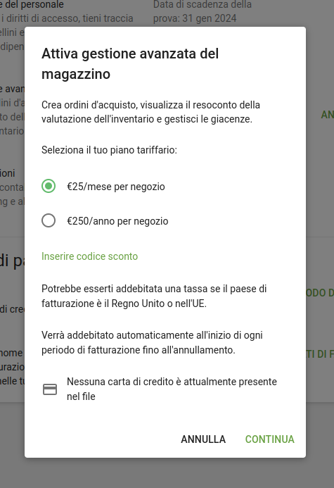 tariffario desiderato e seleziona