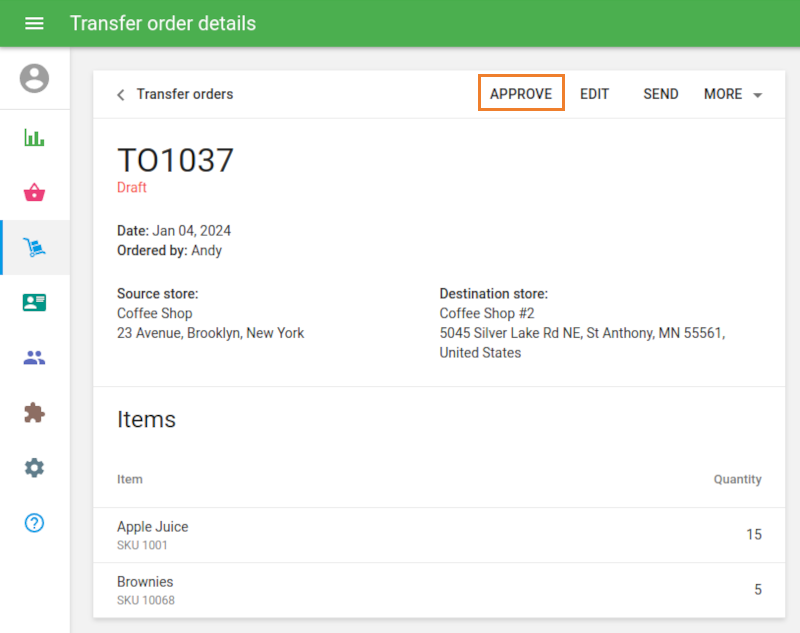 Transfer order details page