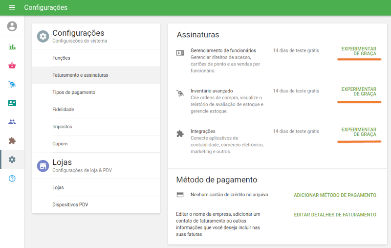 botões Experimentar de graça