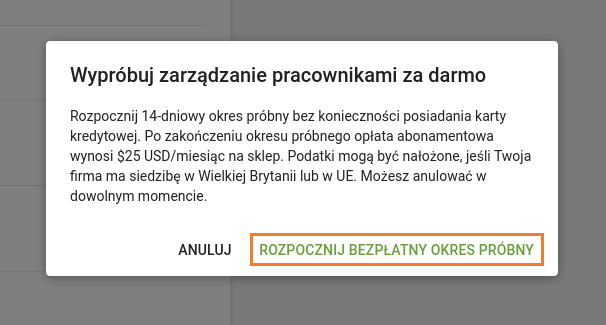 przycisk Rozpocznij bezpłatny okres próbny Zarządzania pracownikami