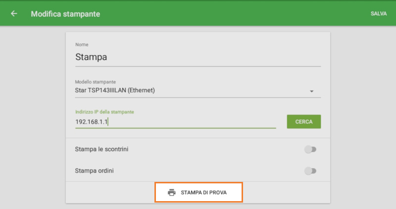 Seleziona 'Stampa di prova' per testare la connessione della tua stampante con l'app GS POS