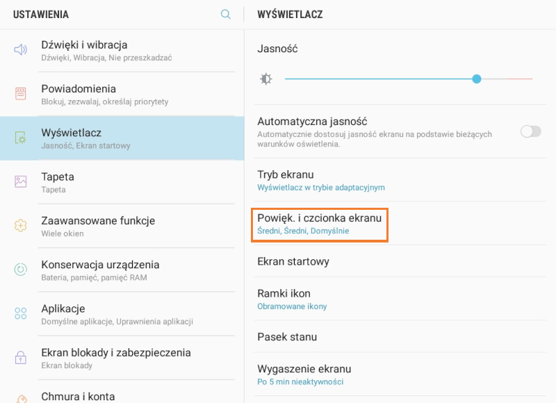 menu „Powiększenie i czcionka ekranu”