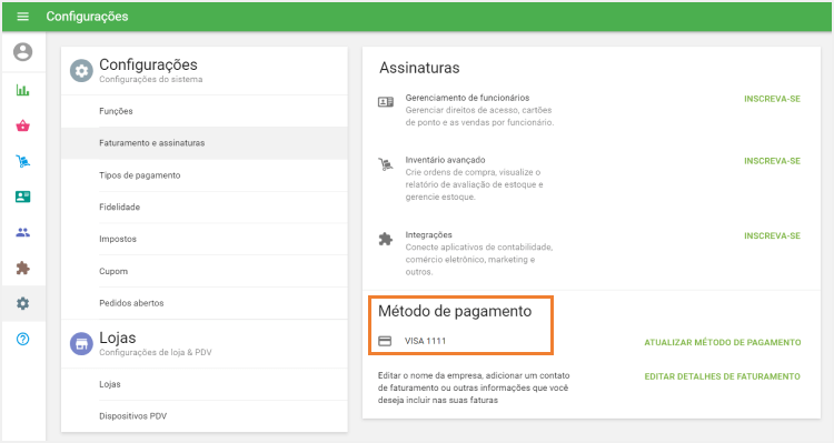 cartão aparecerá como uma forma de pagamento