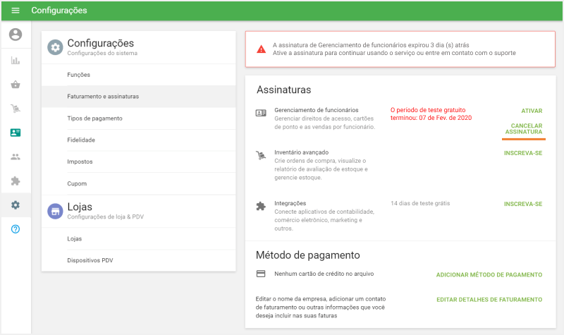 Cancelar assinatura no Gerenciamento de funcionários