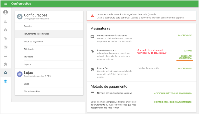 Cancelar assinatura no Inventário avançado