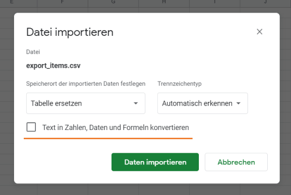Nein für 'Text in Zahlen, Daten und Formeln konvertieren'