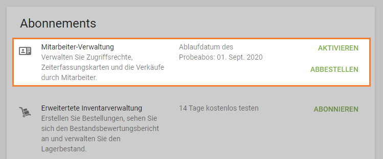'Aktivieren' oder 'Abbestellen'
