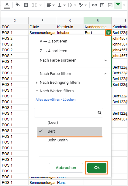 wählen Sie nur den gewünschten Kunden
