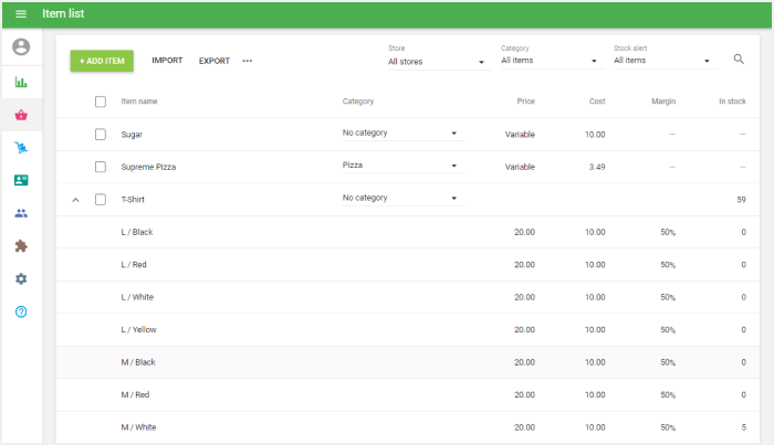 item with variants in the item list