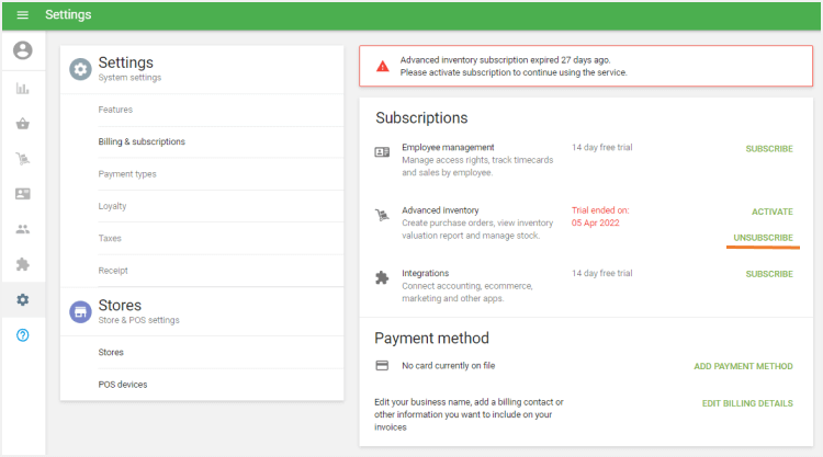 ‘Unsubscribe’ button at the Advanced inventory Billing
