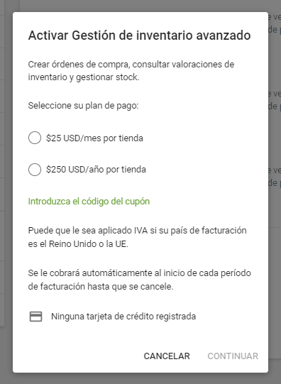 botón 'Activar' para 'Inventario avanzado'