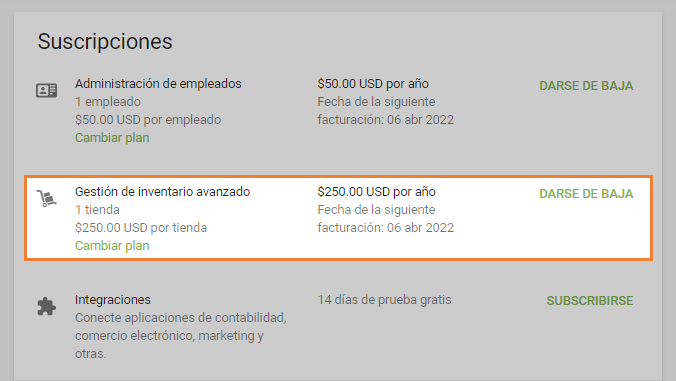 información correspondiente de Inventario avanzado