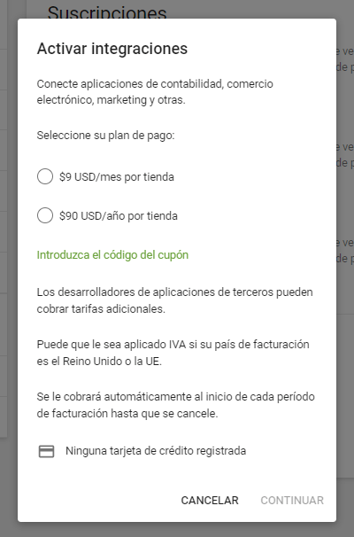 el botón 'Activar' para 'Integraciones'
