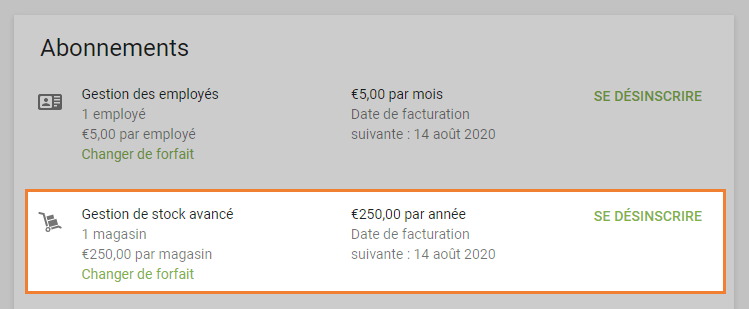 Informations sur l'abonnement actif