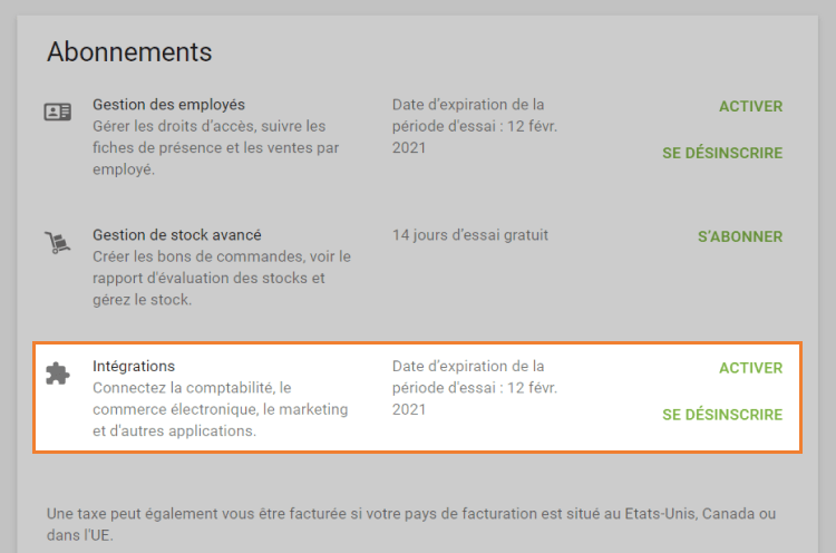 'Activer' ou 'Désabonnement'