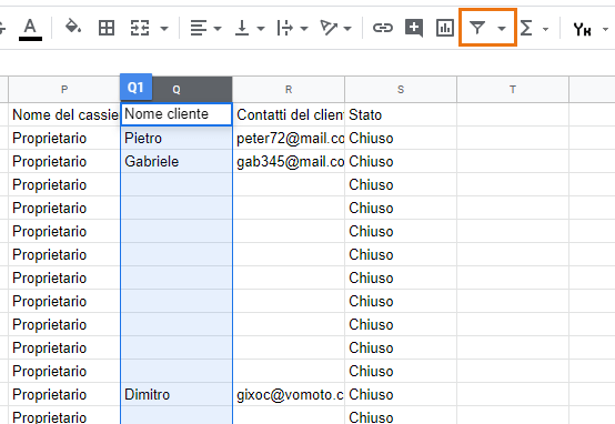 applica un filtro per 'Nome cliente'