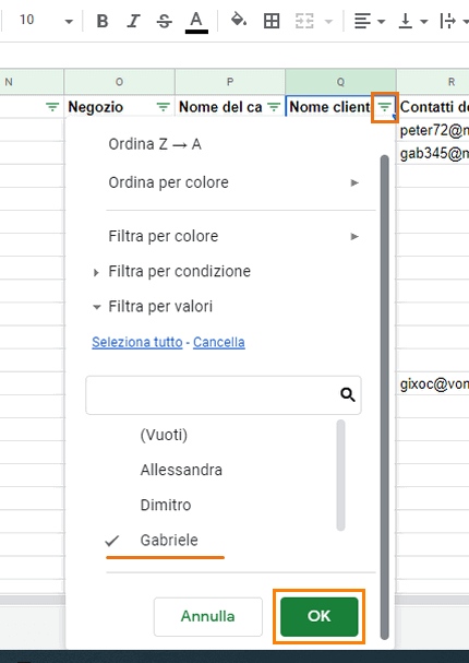 seleziona solo il cliente desiderato