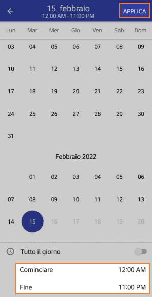 ora di inizio e di fine