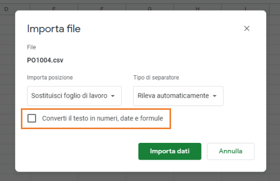 Converti il testo in numeri, date e formule