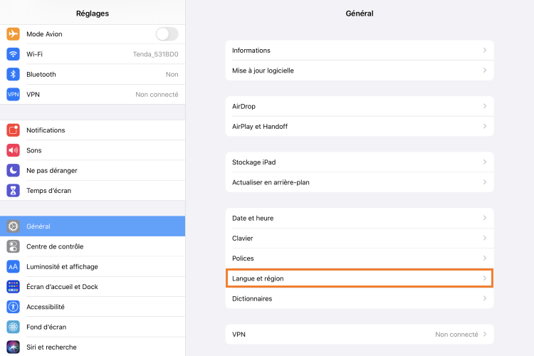 Paramètres 'Langue et région' sur les appareils iOS