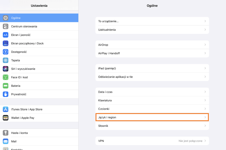 'Język i region' na iOS