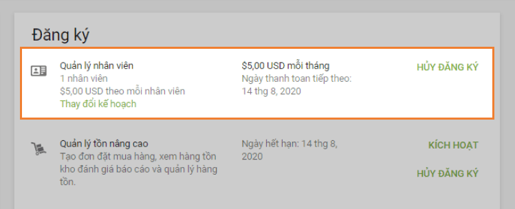 Thông tin về đăng ký đang hoạt động