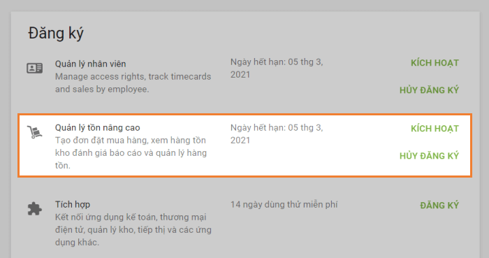 Nút ‘Kích hoạt’ hoặc ‘Hủy đăng ký’