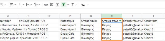 Εφαρμογή του φίλτρου στη στήλη 'Όνομα πελάτη'