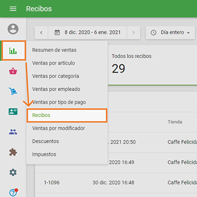  ‘Receipts’ section in the reports menu