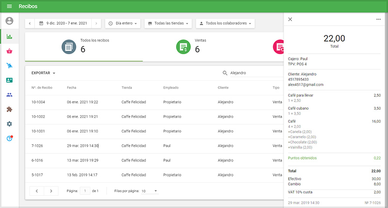 lista de recibos que están conectados al cliente