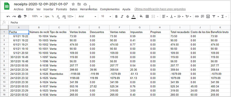 CSV file with Receipts opened in Google Sheets.
