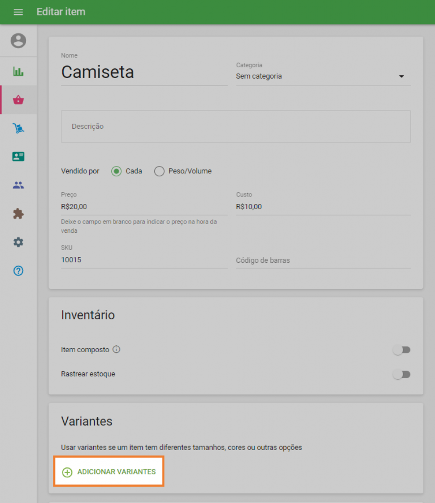 Botão 'Adicionar variantes'