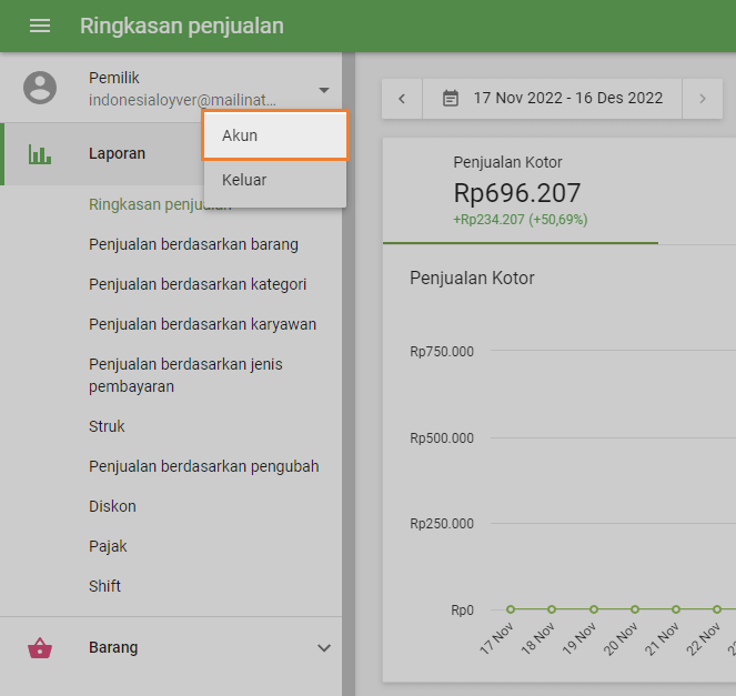 Tombol ‘Akun’ di menu utama Back Office