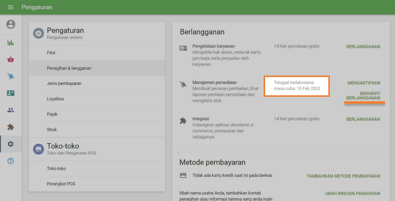 akses ke fitur manajemen persediaan lebih lanjut